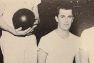 Yearbook photo of Frank Tomaino in white t-shirt on Utica bowling team, 1959.